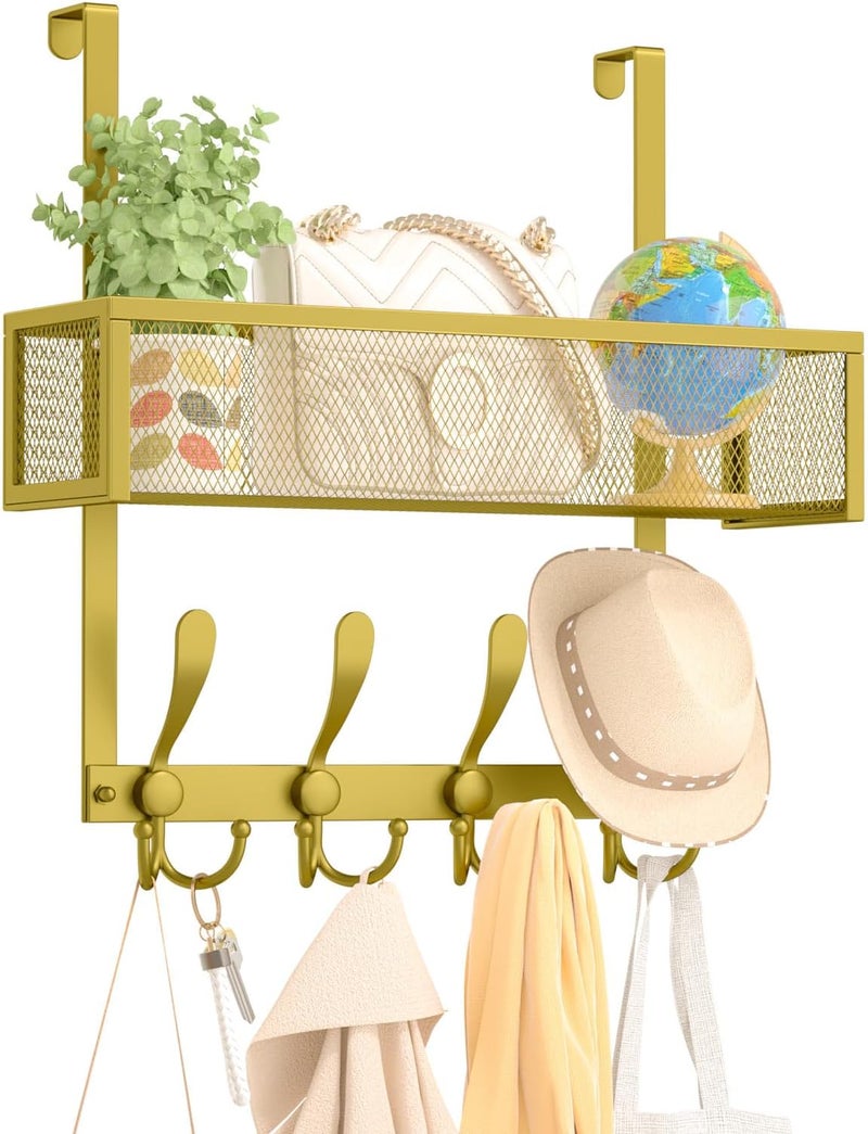 Kaiferty Over The Door Hooks Organizer,Over Door Hanger Towel Rack Mesh Basket with 12 Hooks,Back of Door Storage Organizer for Bedroom,Bathroom,Kitchen,Office(Gold) - Image 1